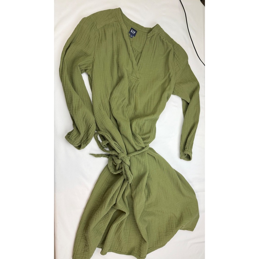 Gap Olive Green Gauze Wrap Dress Long Sleeve V-Neck XL